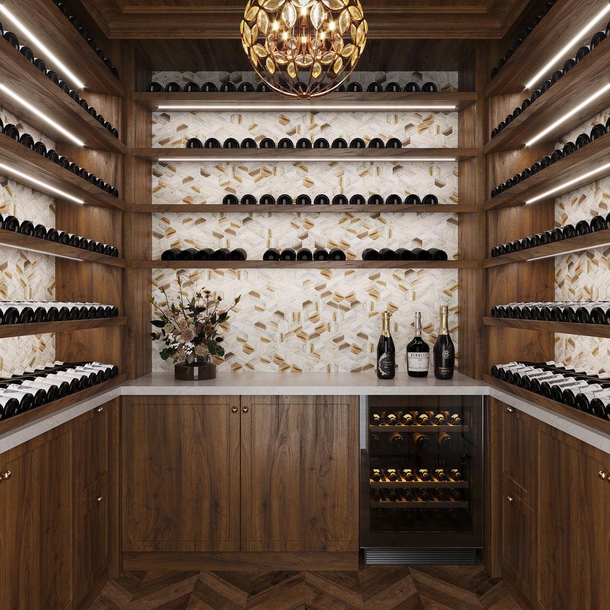 Wine Storage and bar with Recycled Glass Hexagon Mosaic In Wood Color tiles on the walls