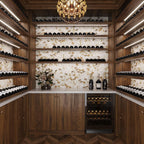 Wine Storage and bar with Recycled Glass Hexagon Mosaic In Wood Color tiles on the walls