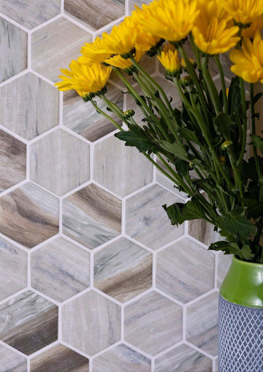 Recycled Glass 2.75" Hexagon Mosaic In Wood Color