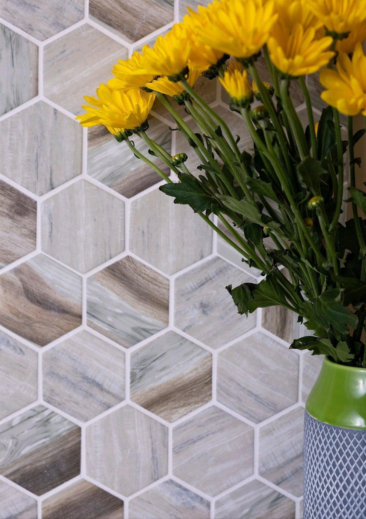 Recycled Glass 2.75" Hexagon Mosaic In Wood Color