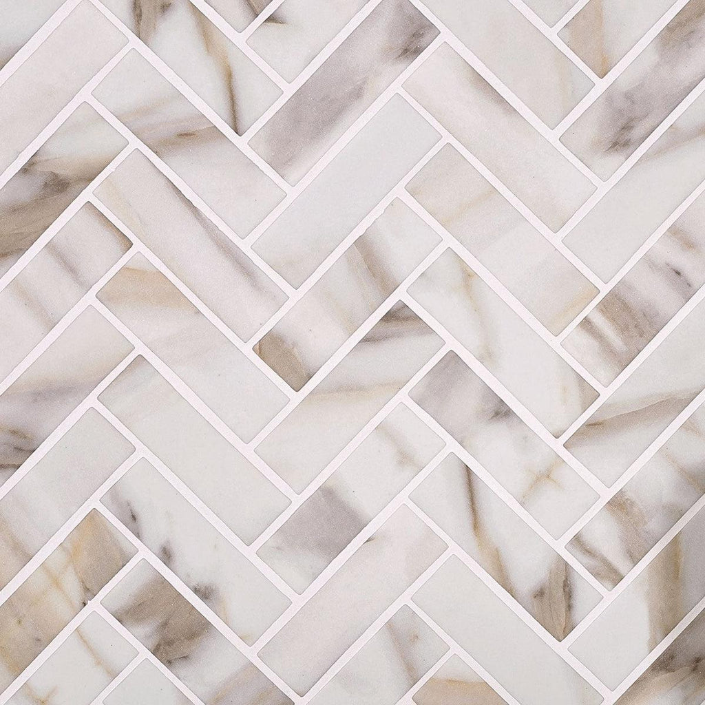 Recycled Glass Herringbone Mosaic In Calacatta Marble Color with Bright White Grout