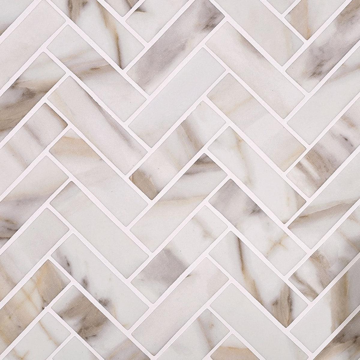 Recycled Glass Herringbone Mosaic In Calacatta Marble Color with Bright White Grout