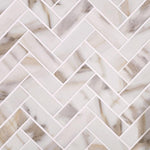 Recycled Glass Herringbone Mosaic In Calacatta Marble Color with Bright White Grout