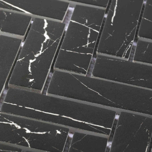 Recycled Glass Herringbone Mosaic in Black Marble Color | Tile Club