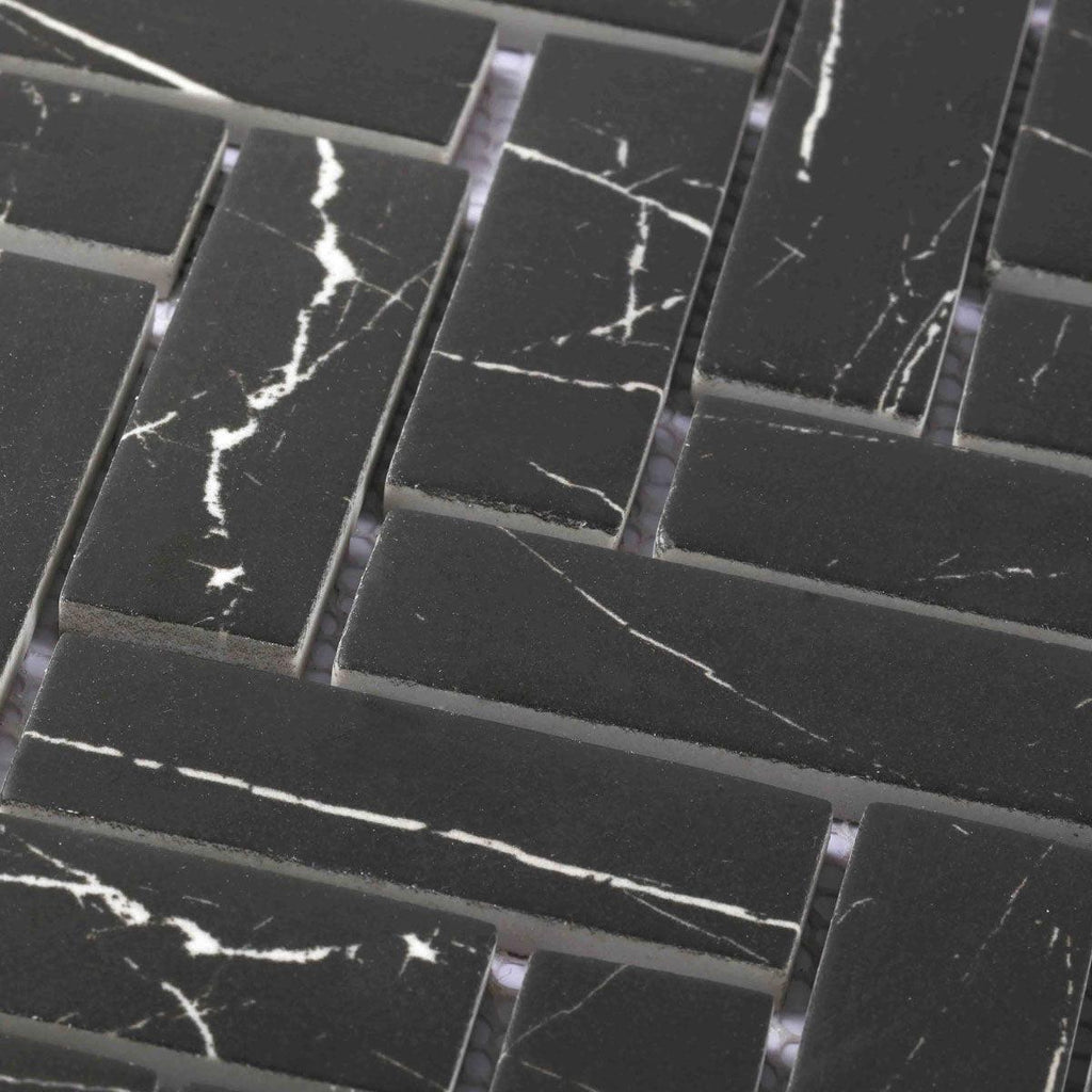 Recycled Glass Herringbone Mosaic in Black Marble Color | Tile Club