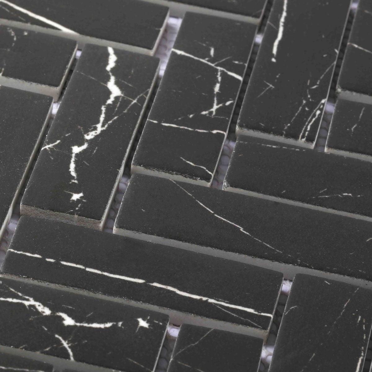 Recycled Glass Herringbone Mosaic in Black Marble Color | Tile Club