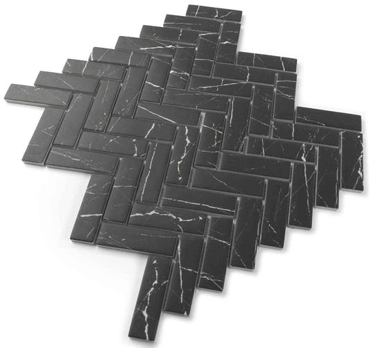 Recycled Glass Herringbone Mosaic in Black Marble Color | Tile Club