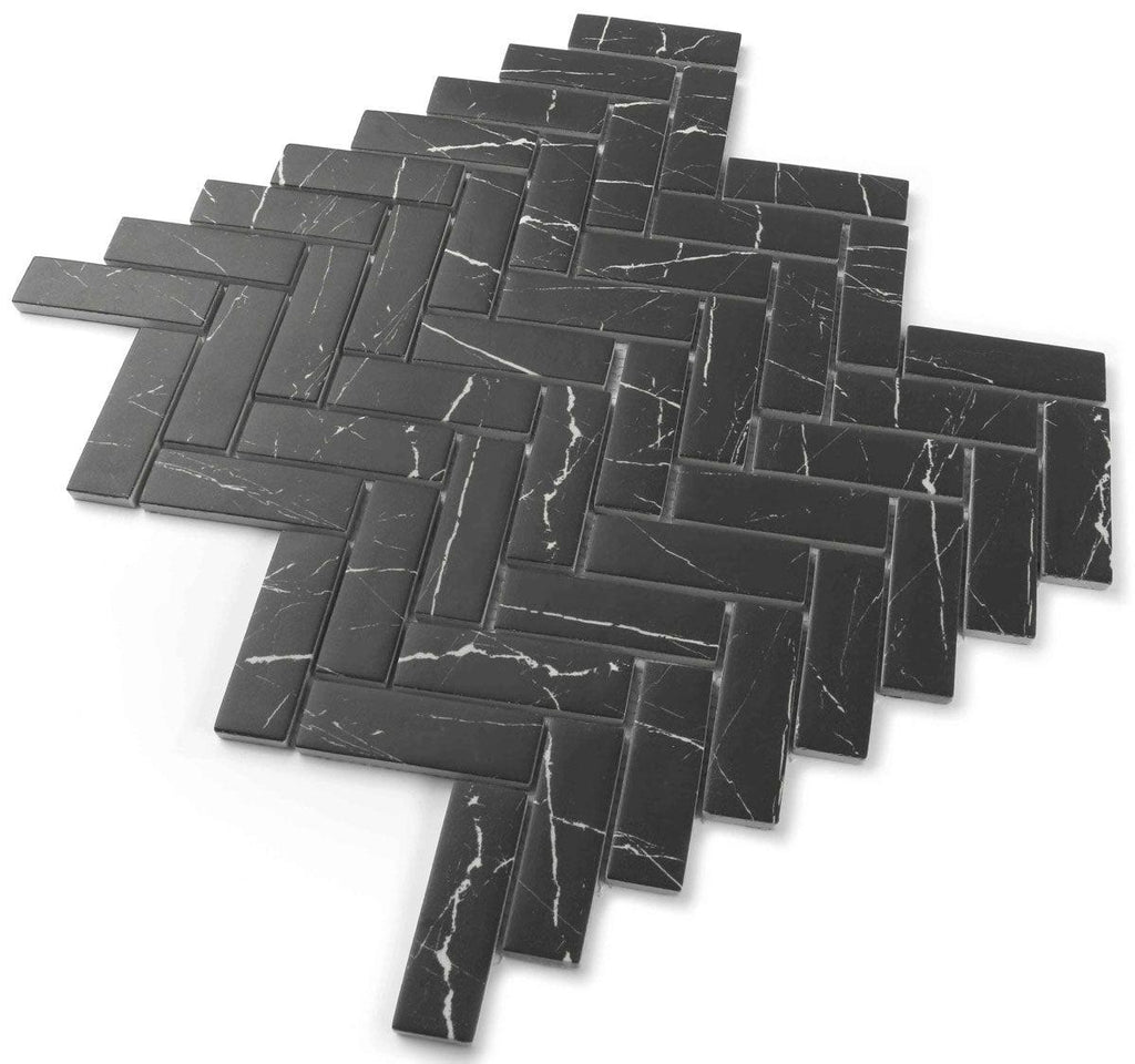 Recycled Glass Herringbone Mosaic in Black Marble Color | Tile Club