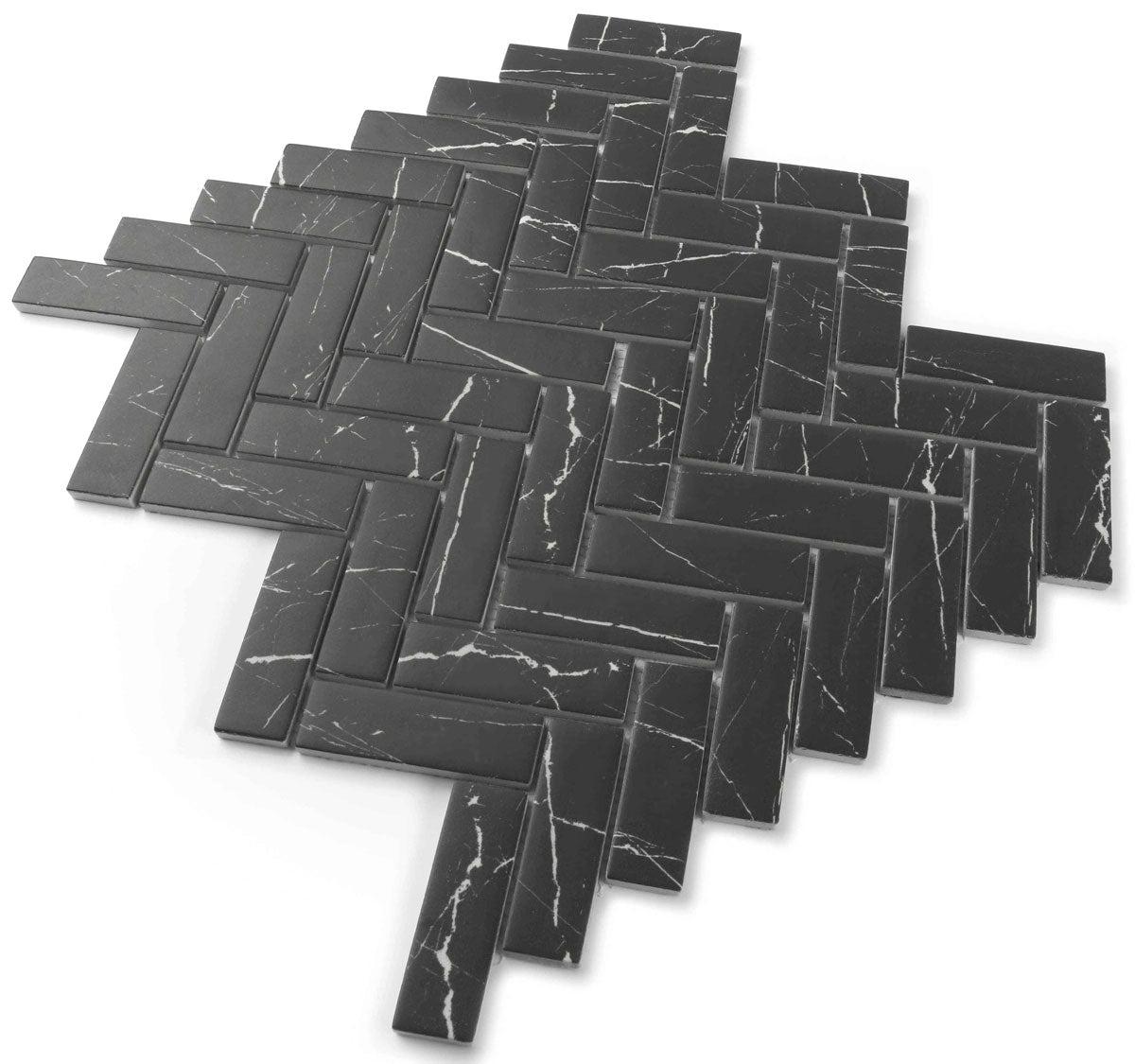 Recycled Glass Herringbone Mosaic in Black Marble Color | Tile Club