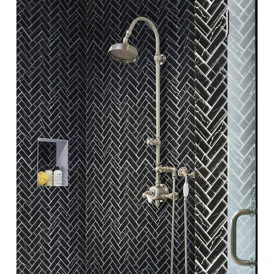 Recycled Glass Herringbone Mosaic in Black Marble Color | Tile Club
