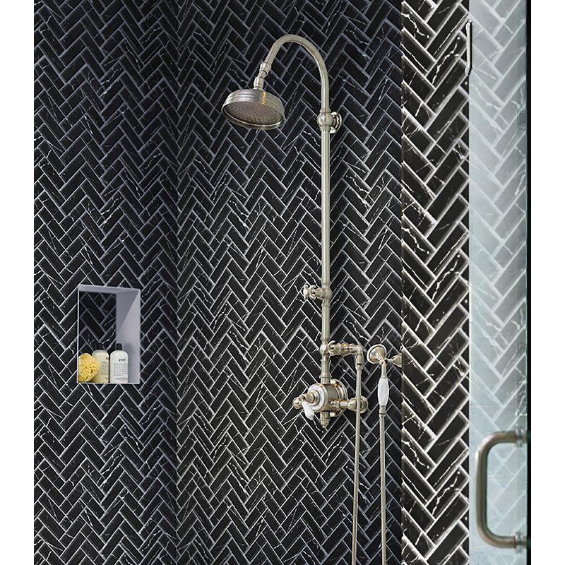 Recycled Glass Herringbone Mosaic in Black Marble Color | Tile Club
