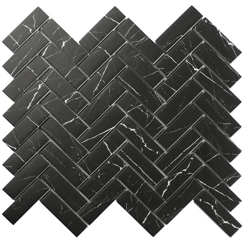 Recycled Glass Herringbone Mosaic in Black Marble Color Sample