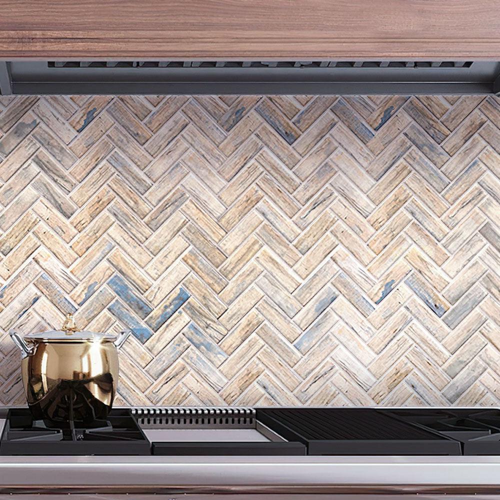 Recycled Glass Herringbone Mosaic In Blue Wood Color | Tile Club