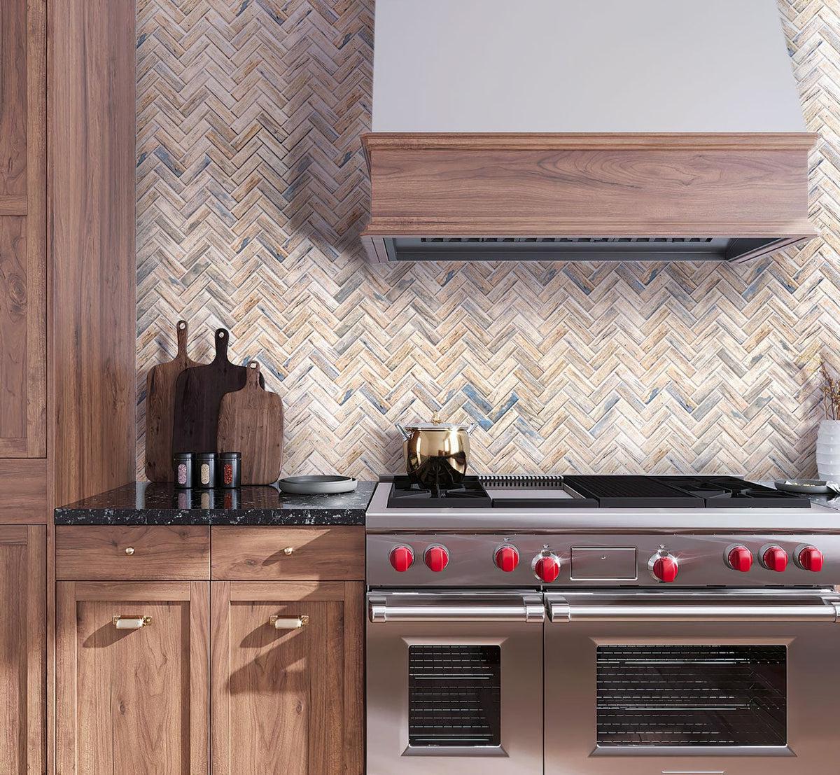 Sunny wooden kitchen with Recycled Glass Herringbone Mosaic In Blue Wood Color backsplash
