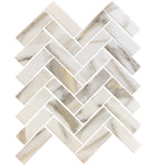 Recycled Glass Herringbone Mosaic In Calacatta Marble Color Seen on HGTV Rock the Block  Episode Rock the Kitchens