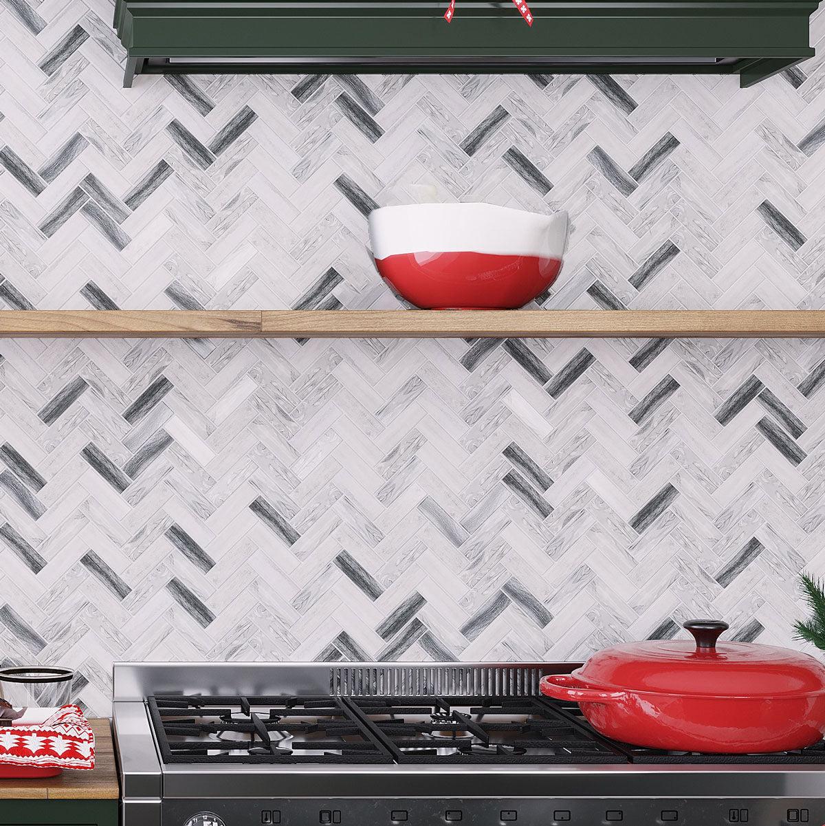 Kitchen Backsplash with Recycled Glass Herringbone tiles in neutral wood look gray tones with open shelves and red cooking accessories