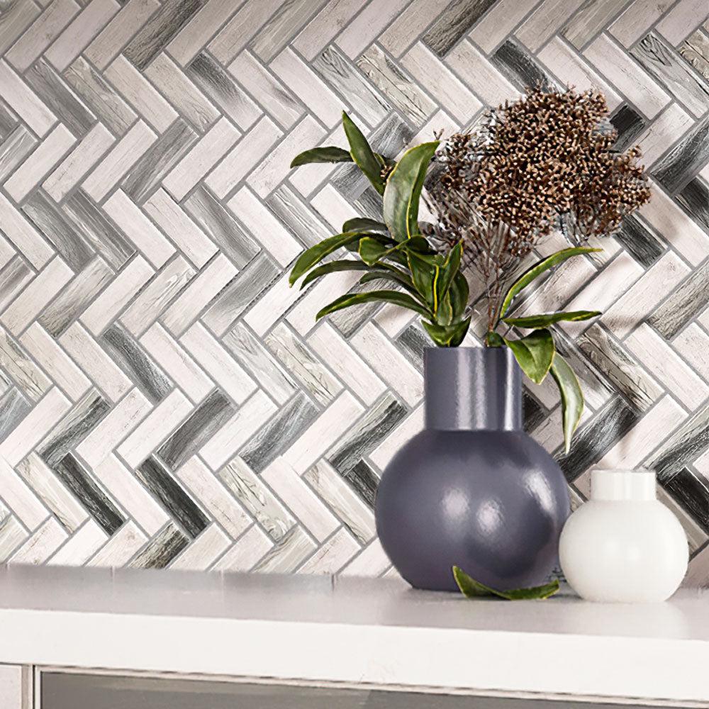 Recycled Glass Herringbone Mosaic In Grey Wood Color | Tile Club