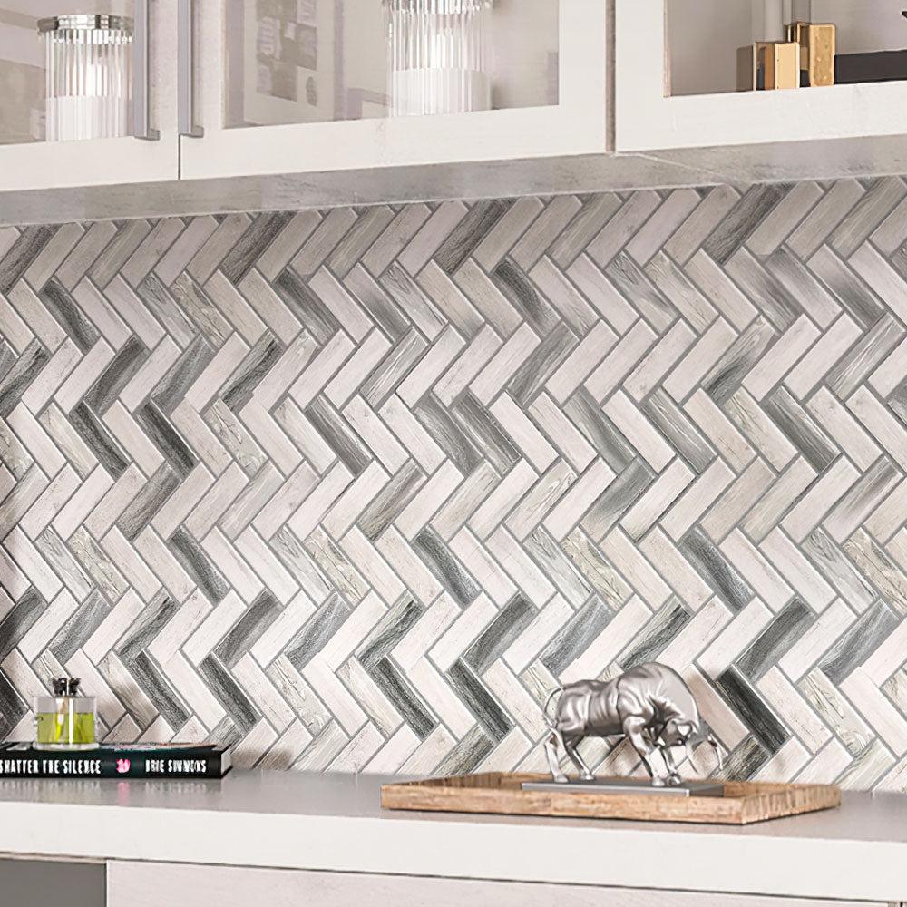 Recycled Glass Herringbone Mosaic In Grey Wood Color | Tile Club