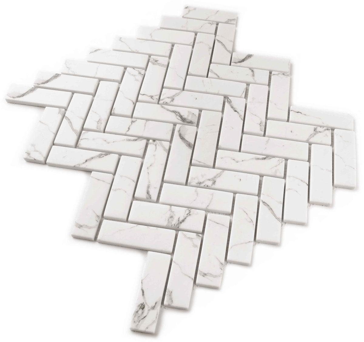 Recycled Glass Herringbone Mosaic in White Marble Color | Tile Club
