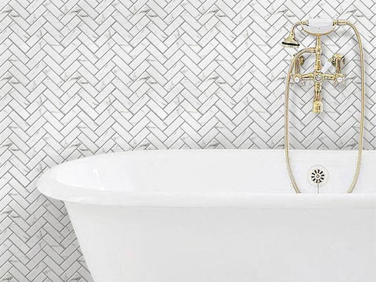 Recycled Glass Herringbone Mosaic in White Marble Color | Tile Club
