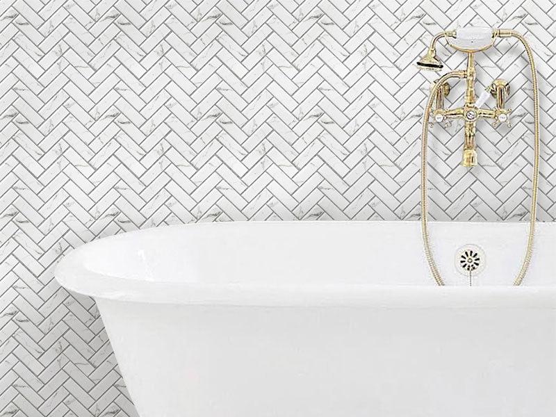 Recycled Glass Herringbone Mosaic in White Marble Color | Tile Club