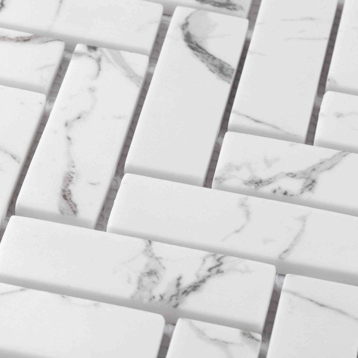 Recycled Glass Herringbone Mosaic in White Marble Color | Tile Club