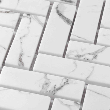 Recycled Glass Herringbone Mosaic in White Marble Color