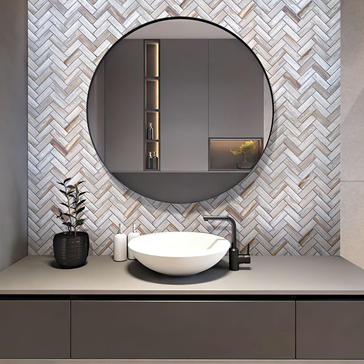 11" x 12.6" Recycled Glass Herringbone Mosaic In Wood Color bathroom backsplash