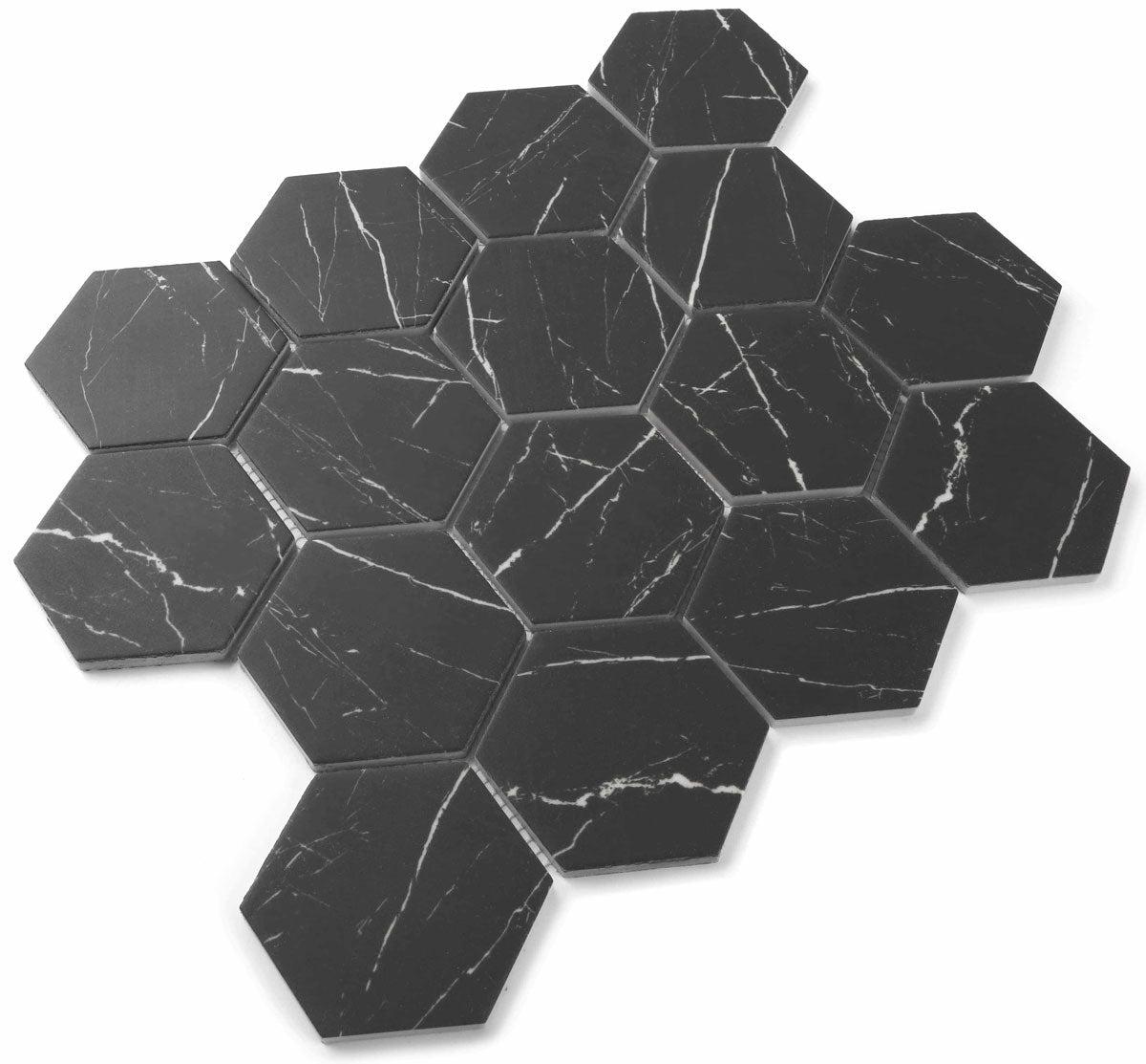 Recycled Glass Hexagon Mosaic in Black Marble Color | Tile Club