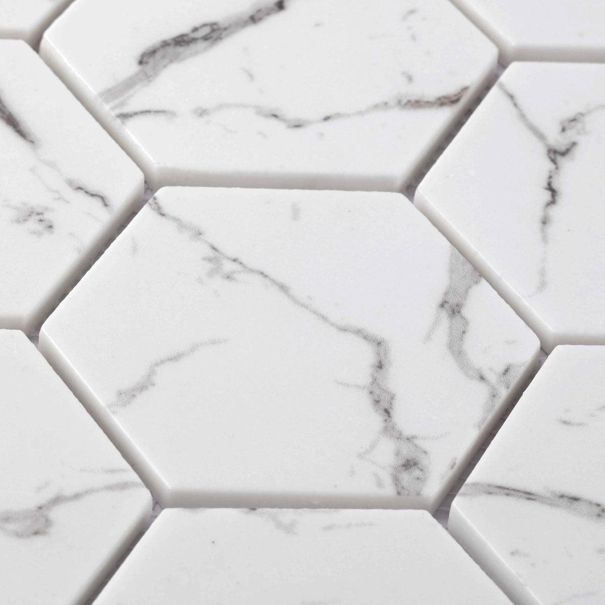 Recycled Glass Hexagon Mosaic in White Marble Color | Tile Club