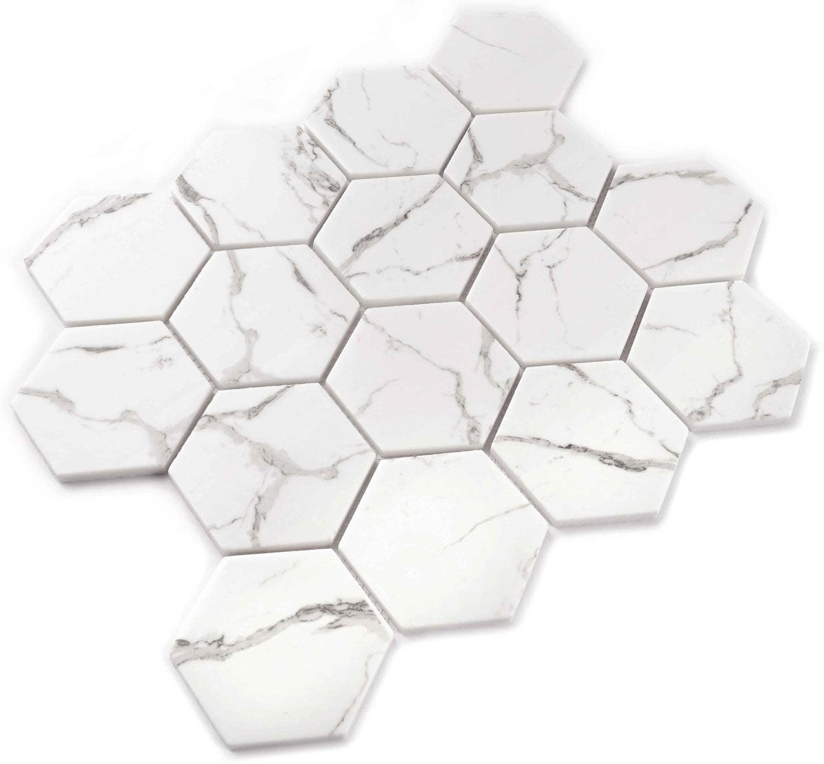 Recycled Glass Hexagon Mosaic in White Marble Color | Tile Club