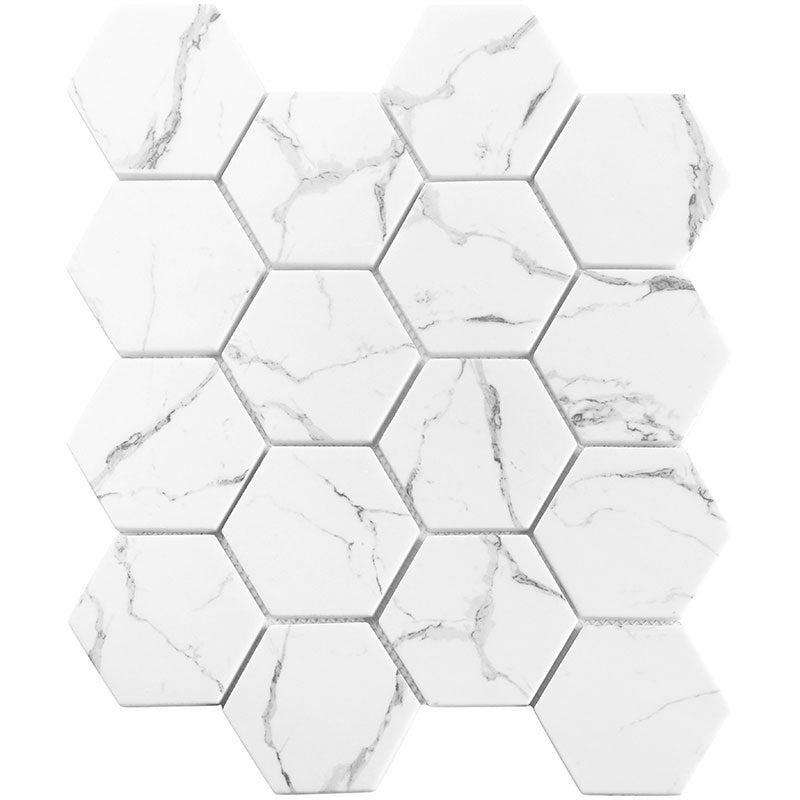 Recycled Glass Hexagon Mosaic in White Marble Color | Tile Club