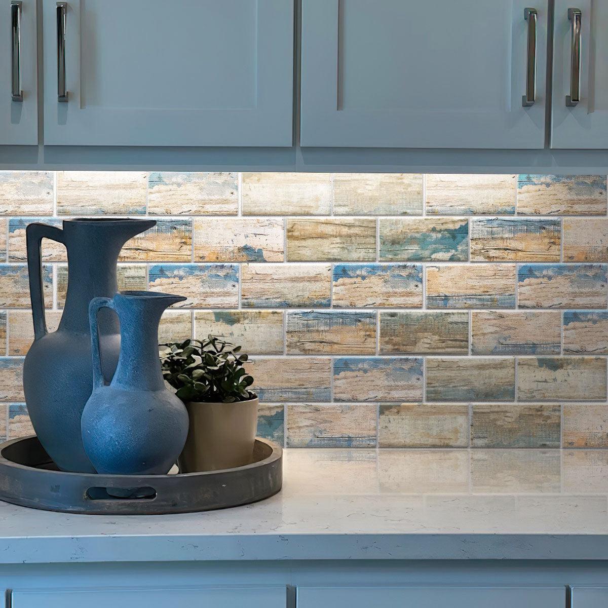 Recycled glass wood look subway tile kitchen backsplash