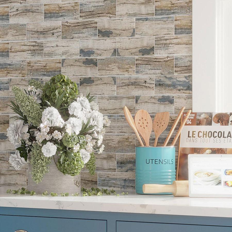 Recycled Glass Subway Mosaic Tile In Blue Wood Color Kitchen Wall