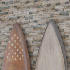 Surfboards on Background of Recycled Glass Subway Mosaic Tile In Blue Wood Color Wall