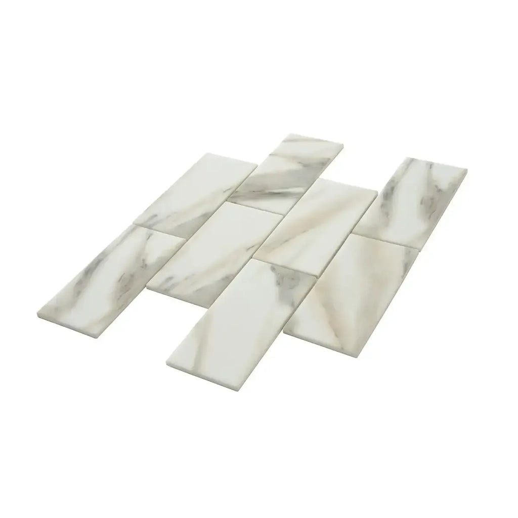 Recycled Glass Subway Mosaic Tile In Calacatta Marble Color | Tile Club
