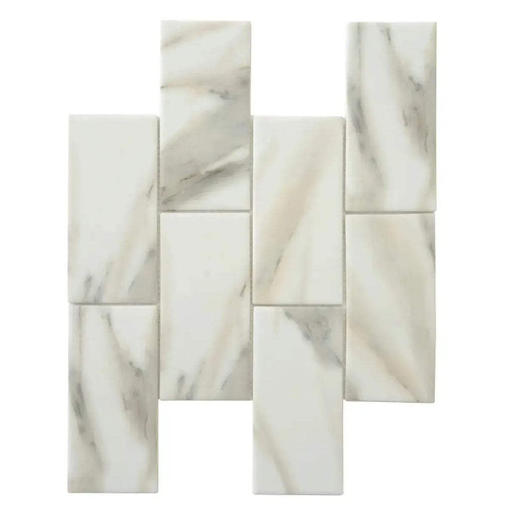 Recycled Glass Subway Mosaic Tile In Calacatta Marble Color | Tile Club