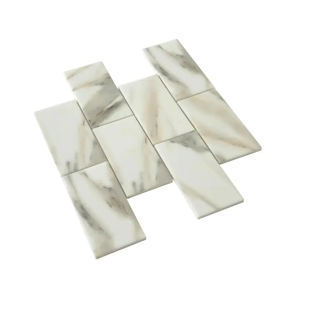 Recycled Glass Subway Mosaic Tile In Calacatta Marble Color | Tile Club