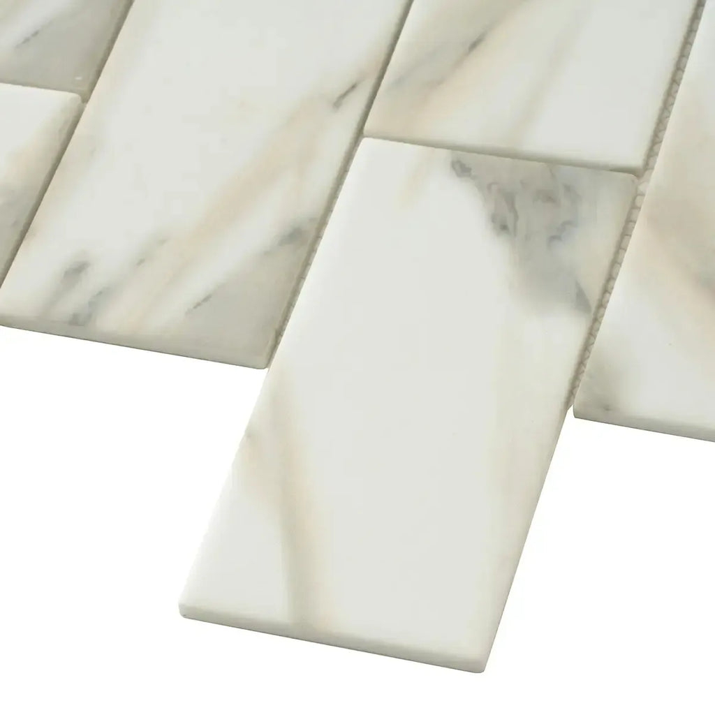 Recycled Glass Subway Mosaic Tile In Calacatta Marble Color | Tile Club