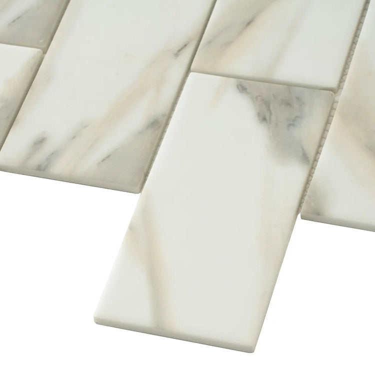 Recycled Glass Subway Mosaic Tile In Calacatta Marble Color | Tile Club
