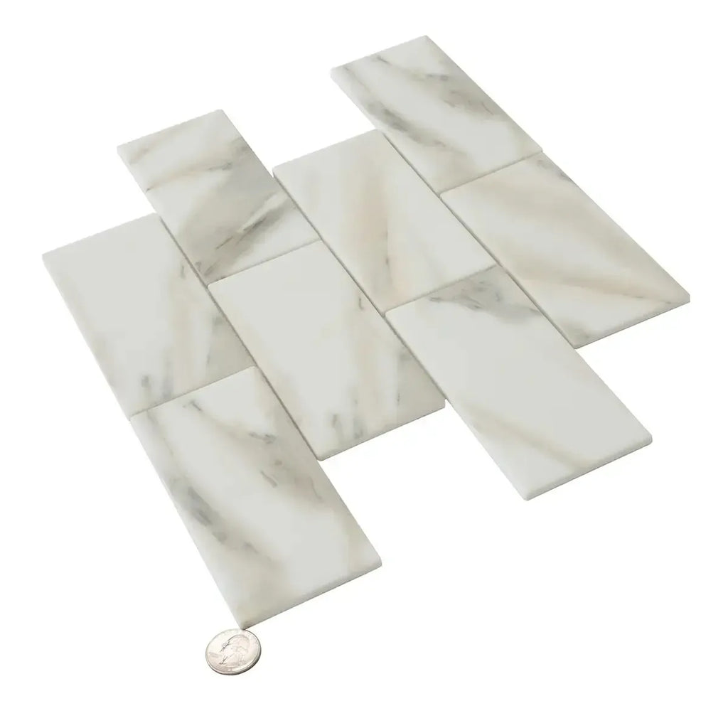 Recycled Glass Subway Mosaic Tile In Calacatta Marble Color | Tile Club
