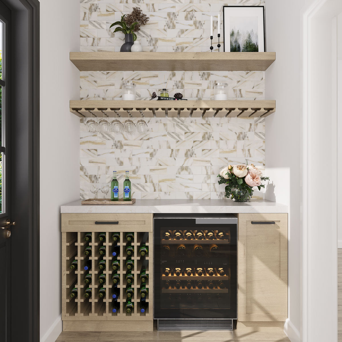Wine bar and kitchen storage with Recycled Glass Subway Mosaic Tile In Calacatta Marble backsplash