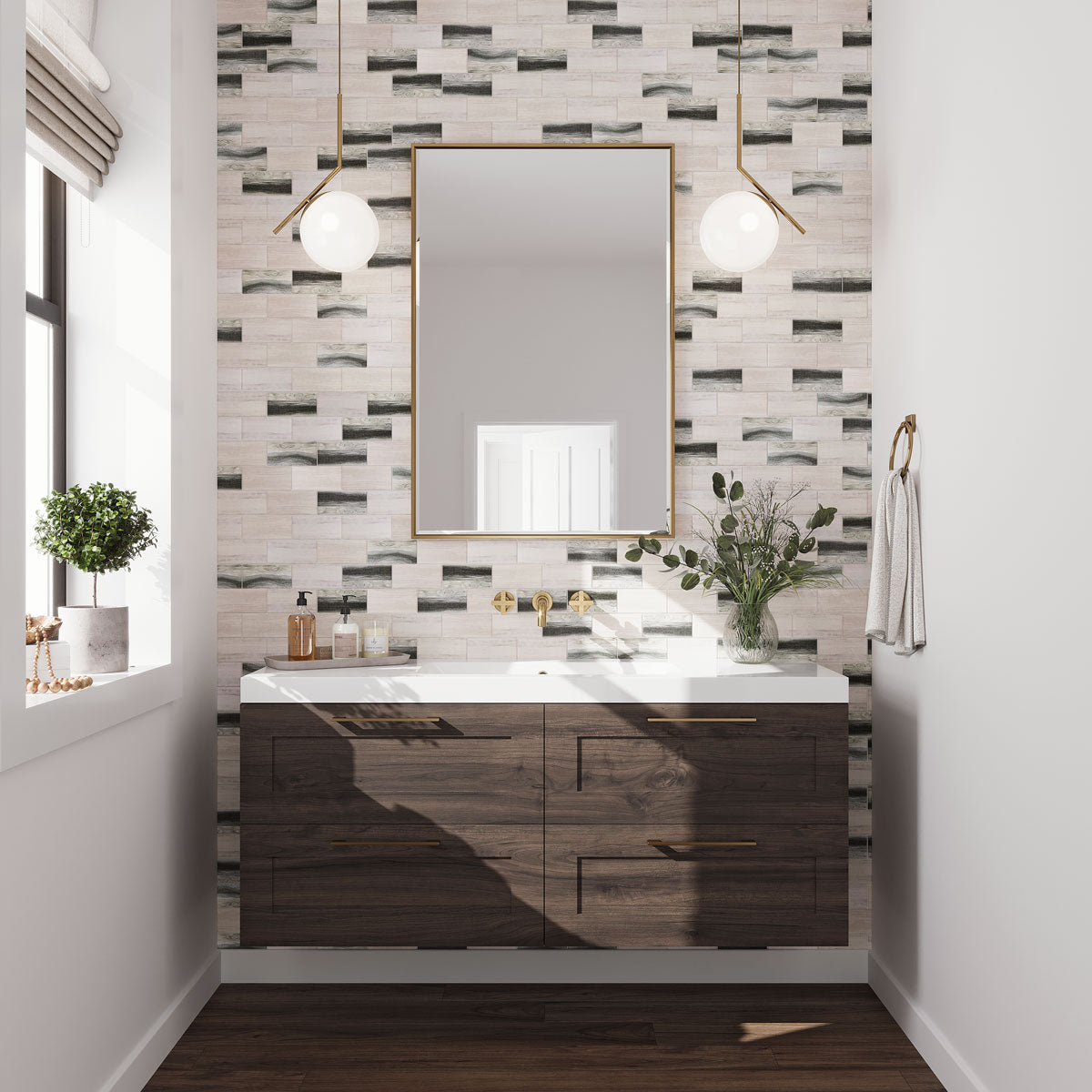 Powder Room Vanity with Recycled Glass Subway Mosaic Tile with neutral wood tones 