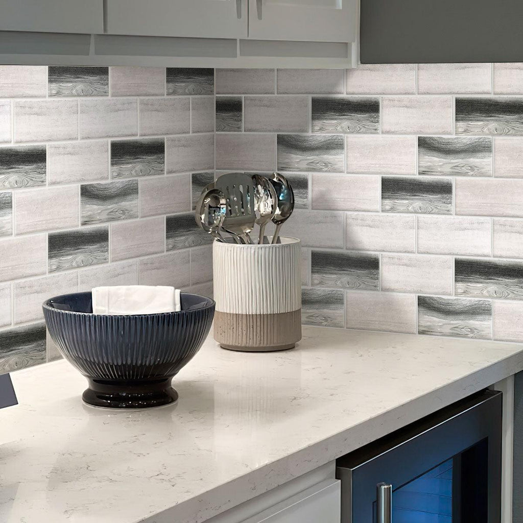 Wood look recycled glass subway tile kitchen backsplash