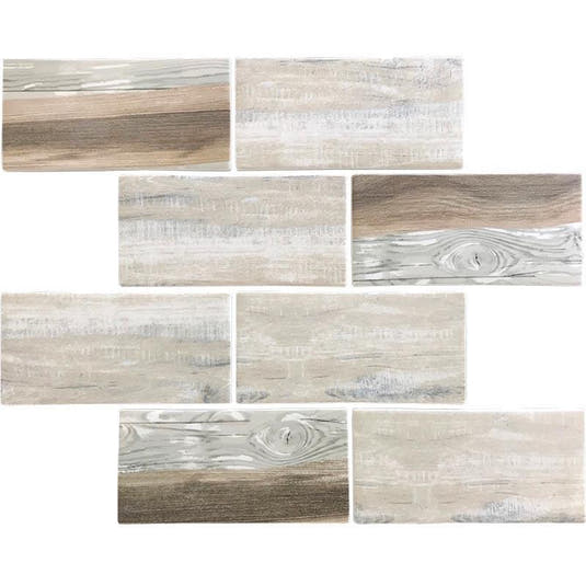 Recycled glass subway tile mosaic with a wood look design