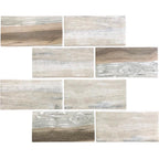 Recycled glass subway tile mosaic with a wood look design