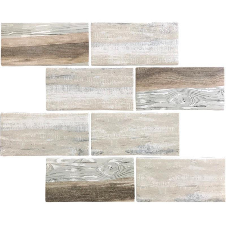 Recycled glass subway tile mosaic with a wood look design