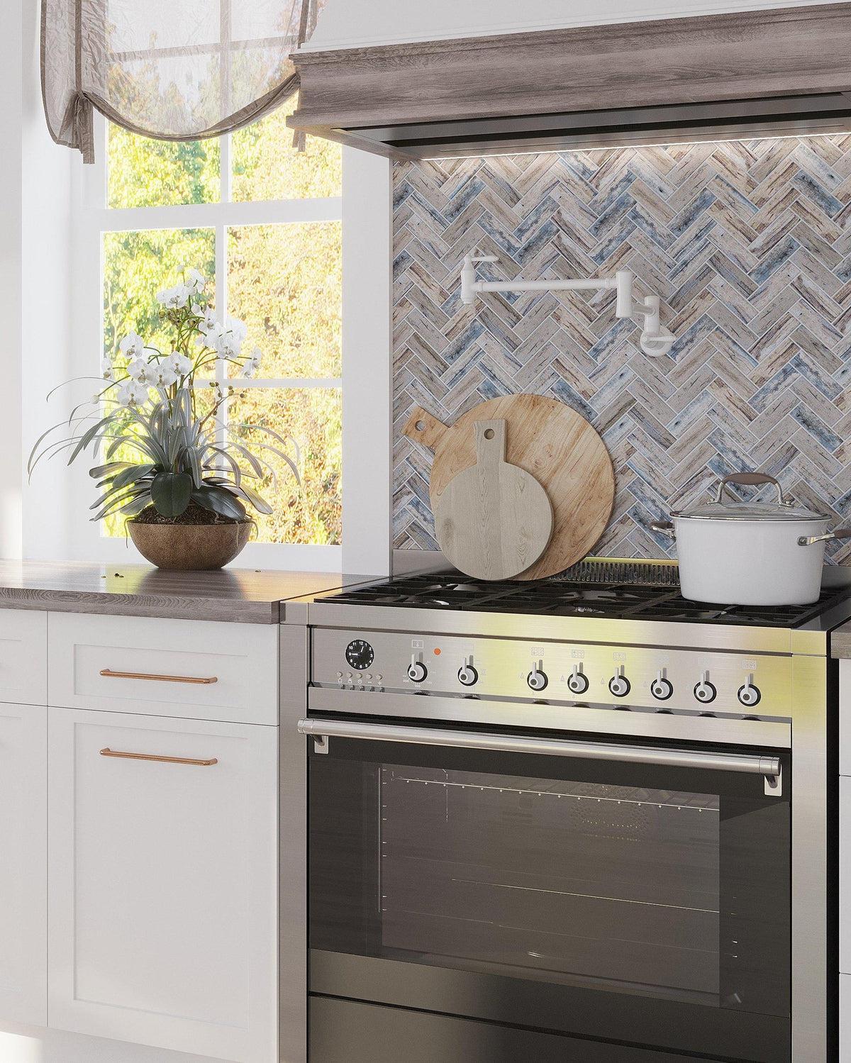 Kitchen Backsplash with Recycled Glass Herringbone Mosaic In Blue Wood Color