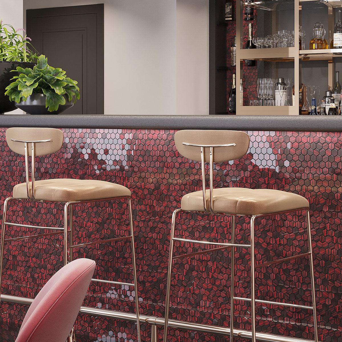 Dynamic red glass hexagon mosaic tile bar front