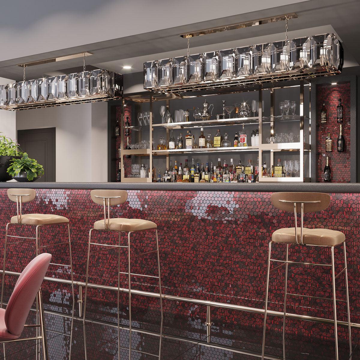 Hotel Bar with bold red hexagon glass tiles